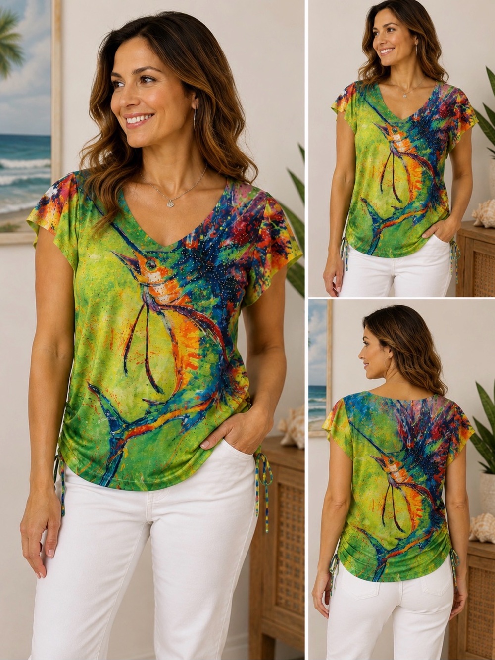 Leoma Lovegrove Sailfish Art Top Ruched Tie Sides Flutter Sleeve L